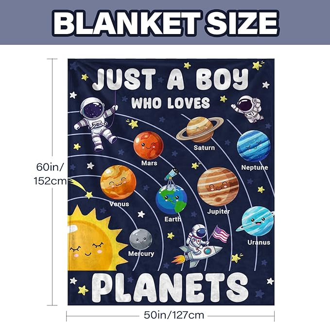 Just A Boy Who Loves Planet Solar System Space Blanket Gifts for Planets Lovers, Cute Planets Blanket Gifts for Christmas, Planet Birthday Gifts for Boys Son Men on Sofa Couch Bed 50"x 60"