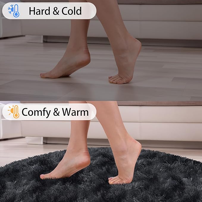 8 ft Round Fluffy Large Black Rug for bedroom,Tie Dyed Furry Round Carpet Non Slip Fuzzy Shaggy Plush Circle Big Area Rug for living room Room Nursery Room Playroom Kids Room Home Decor Washable