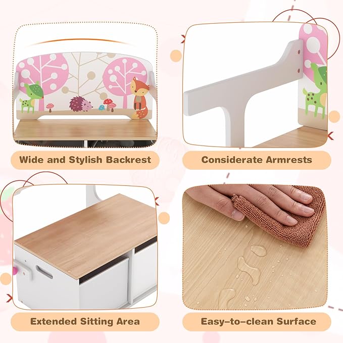 HONEY JOY Kids Table and Chair Set, 3-in-1 Convertible Wooden Toy Storage Bench with Handle, 2 Bins for Kids Reading Nook, Toddler Table and Chair Set for Daycare Playroom Classroom (White)