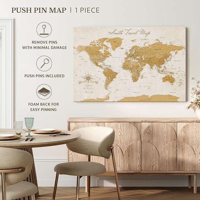 ElephantStock - Personalized Travel Push Pin World Map Wall Art - Horizontal Canvas Wall Art - Living Room Wall Decor - Digital Art Map Canvas Art - Orange And Beige Decor - 51" x 34"