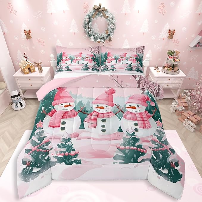 Feelyou Pink Christmas Kids Comforter Set King Size Merry Christmas Tree and Snowman Bedding Set Cute Snowman Duvet Quilt for Kids Boys Girls Bedroom Xmas Snowflake Decor Kawaii Ultra Soft Breathable