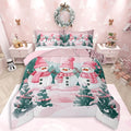 Feelyou Pink Christmas Kids Comforter Set Toddler Size Merry Christmas Tree and Snowman Bedding Set Cute Snowman Duvet Quilt for Kids Boys Girls Bedroom Xmas Snowflake Decor Kawaii Soft Breathable