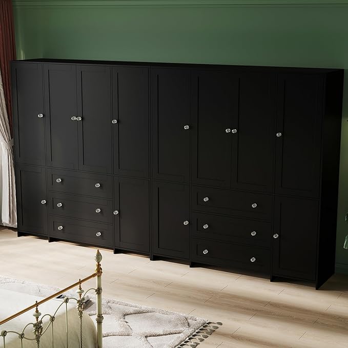 VOWNER Armoire Wardrobe Closet with Drawers and Mirror, 71" Clothing Storage Cabinet with Hanging Rod, 6 Doors Wooden Wardrobe Cabinet for Bedroom, Large Capacity Storage