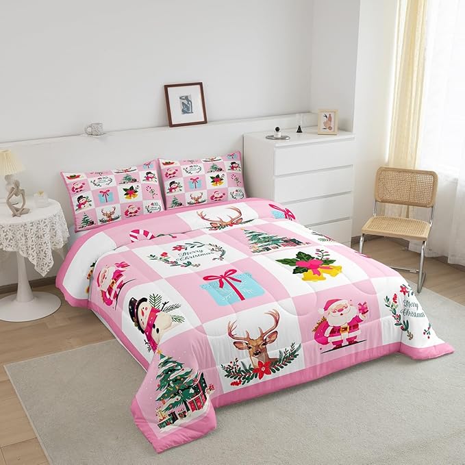 Erosebridal Merry Christmas Comforter Set for Kids Christmas Tree Quilt Full Size with 2 Pillow Cases Santa Claus Xmas Decor Bedding Set Kawaii Snowman Bedding Comforter Sets,Pink