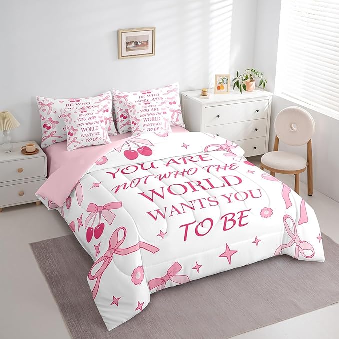 7 Pieces Pink Bowknot Kids Comforter Set King,Cherry Tropical Fruit Cute Princess Bedding Set,Bow Tie Stars Daisy Floral Romantic（Comforter+Fitted+Flat Sheet+2 Pillowcases+2 Throw Pillow Covers）