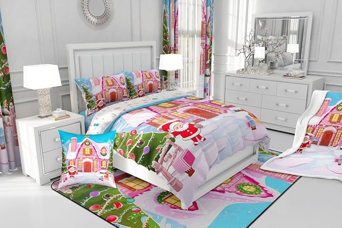 Feelyou Merry Christmas Pink Comforter Cover Set Cartton Cute Santa Claus Bedding Set Toddler Size for Kids Boys Girls Bedroom Bed Decor Xmas Duvet Cover Set Soft Quilt Cover,No Comforter