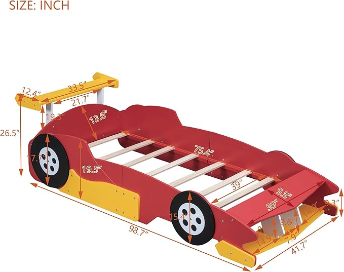 Flieks Twin Size Race Car-Shaped Platform Bed Frame for Boys Girls Kids Adults Toddler with Wheels,Red