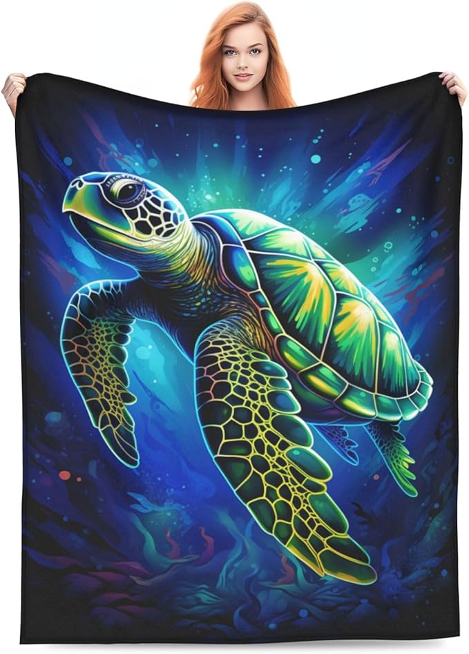Sea Turtle Blue Blanket Turtles Shell Waves Flannel Throw Blankets for Home Decor Couch Bed Sofa Soft Fuzzy Lightweight Gifts for Kids Adults 80x60 Inches