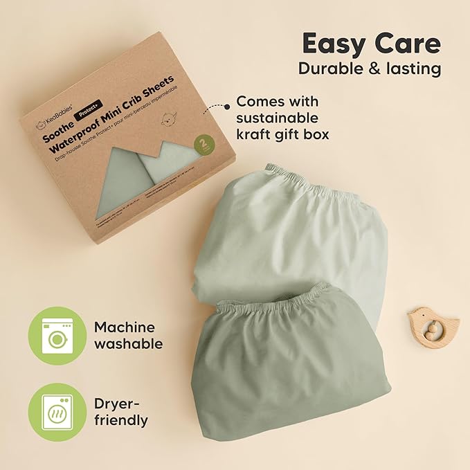 2-Pack Pack and Play Sheets, Waterproof Mini Crib Sheets Fitted - Organic Cotton Pack N Play Sheets for Graco Pack and Play Mattress, Playard Baby Crib Sheets, Neutral for Boy,Girl, Toddler (Lichen)