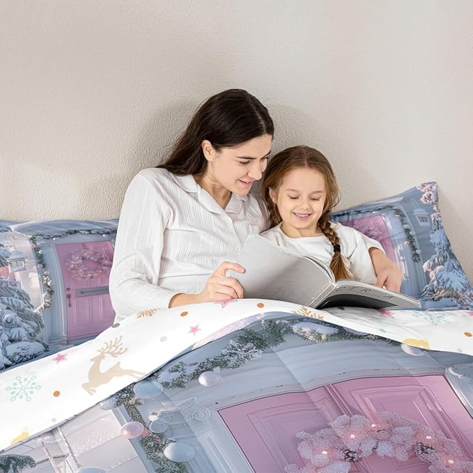 Feelyou Winter Snowscape Bedding Set Soft for Boys Girls, Merry Christmas Comforter Set Twin Size Pink Door Duvet Quilt Microfiber Garland Xmas Tree Bedroom Decor 2 Pcs with 1 Pillow Cases