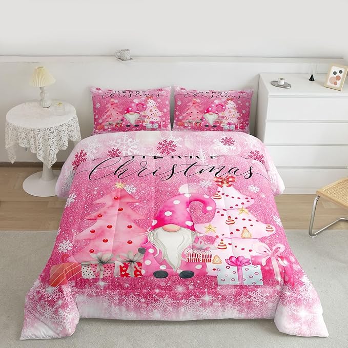 Castle Fairy Girly Christmas Comforter Set Twin Size,Pink Gnome Xmas Pine Trees Gift Bedding Set for Kids Boys Men,Snowflake Stars Glitter Sparkling Quilted Duvet Set with 1 Pillowcase