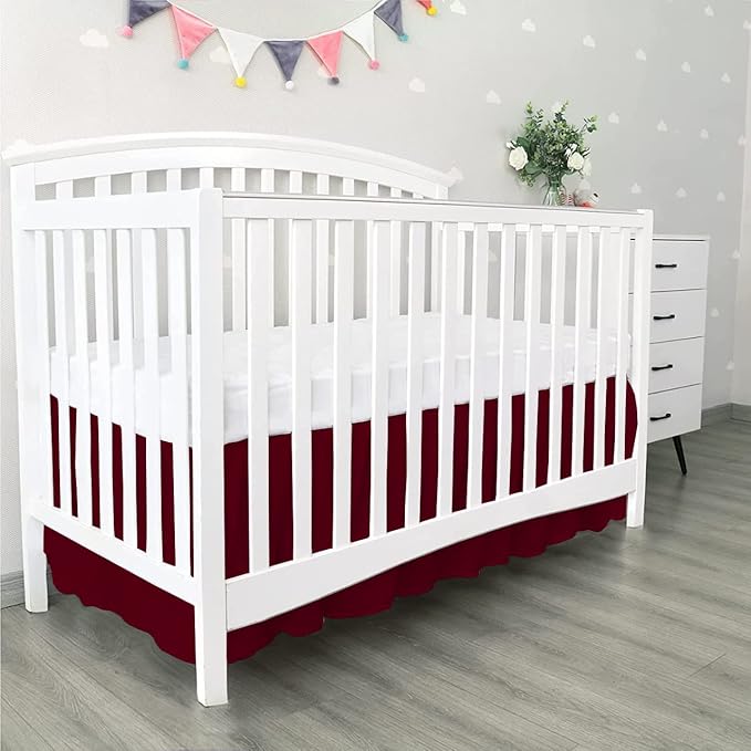 100% Egyptian Cotton, Nursery Crib Toddler (28" x 52" + 14") 800 Thread Count Crib Skirt Dust Ruffle, Bedding Skirts for Baby Boys or Girls, 14" Drop, Burgundy Solid