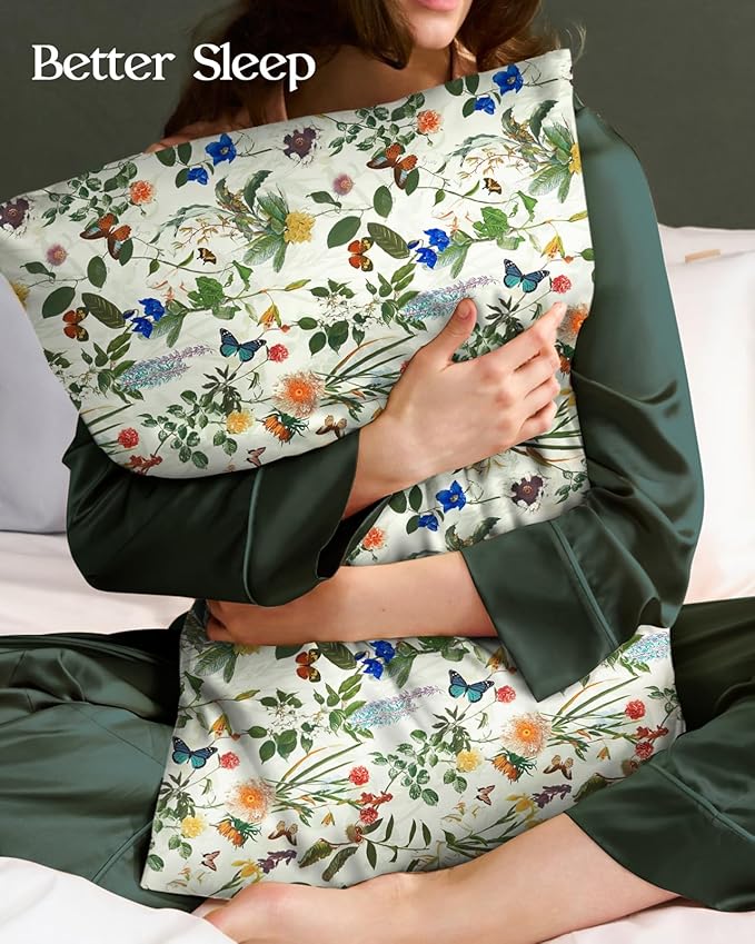 Silk Pillowcase 2 Pack - Pillow Cases 20" x 36" King Size Set of 2 for Hair and Skin Smooth Soft Breathable with Hidden Zipper Cooling Pillow Covers for Sleeping, Butterfly Plant