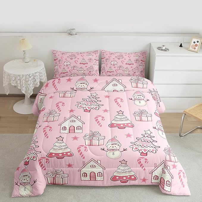 Feelyou Pink Christmas Comforter Set King Size Xmas Tree Snowman Bedding Set for Kids Boys Girls Star Gift Duvet Quilt Candy Cane Bedroom Decor Microfiber 3 Pcs with 2 Pillow Cases