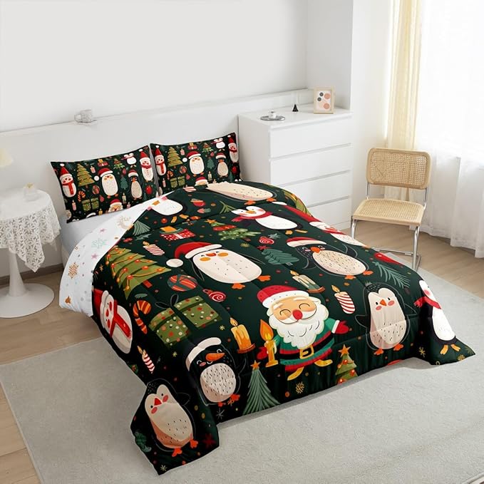Feelyou Christmas Bedding Set Soft for Boys Girls, Penguin Santa Comforter Set Queen Size Xmas Tree Snowflake Duvet Quilt Microfiber New Year Gift Bedroom Decor 3 Pcs with 2 Pillow Cases