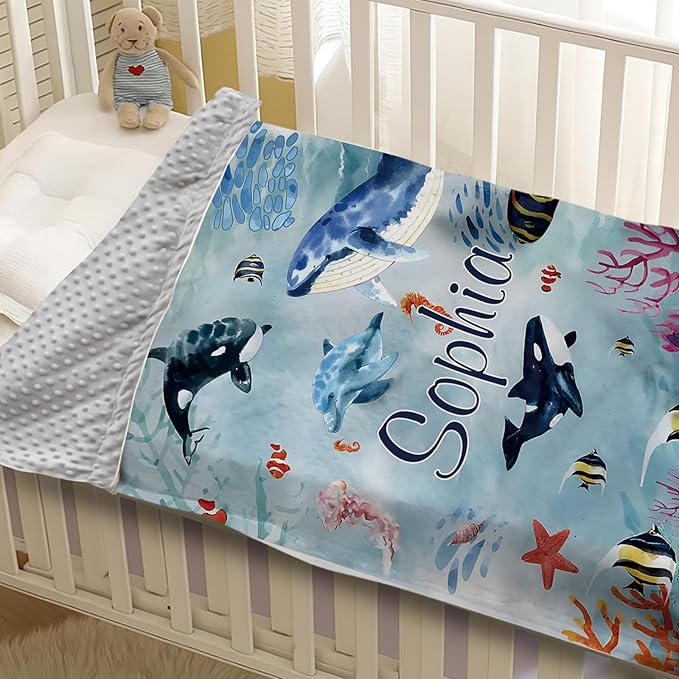 Custom Baby Blanket - Ocean Animals Theme Personalized Name Blanket for Boys Girls, Soft Infant Toddler Blanket with Whale and Dolphin, Customizable Nursery Bedding (47" x60)