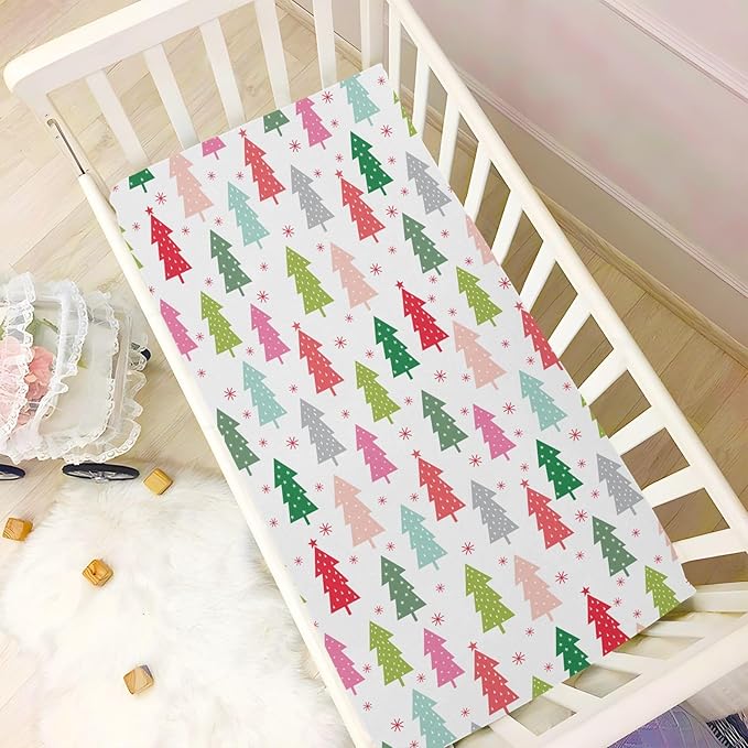 Colorful Christmas Tree Crib Sheets Soft Breathable Fitted Baby Crib Sheets Mattress Cover for Girl Boys, 52" x 28" x 9"