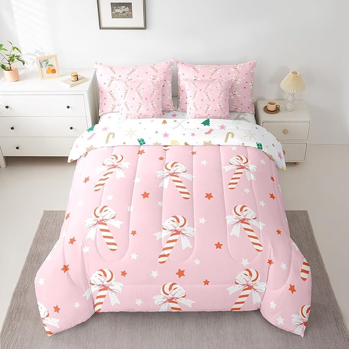 Feelyou Pink Christmas Girly Comforter Set with Sheets Kids Christmas Bowknot Bedding Set Boys Girls Bow Candy Decor Bed in a Bag Xmas Theme Bed Set Bedroom Queen Size