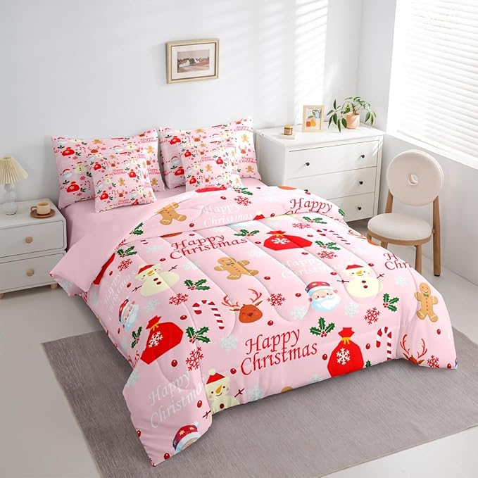 Christmas Deer Queen Comforter Set with Sheets for Kids Boys Girls Cute Gingerbread Man 7 Pieces Bedding Set Christmas Santa Claus Bed in a Bag Reversible Pink Decor Room Decor Soft Lightweight