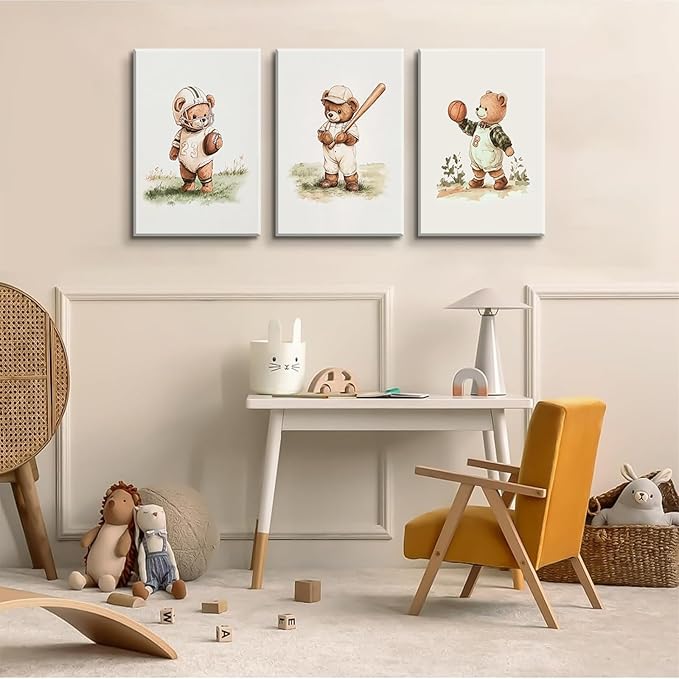 3Pcs Nursery Teddy Bear Canvas Wall Art Vintage Sports Bear Wall Decor Sports Boys'Room Artwork Prints Basketball Football Baseball Painting Pictures for Children's Room Boys' Room (16x24in Canvas)