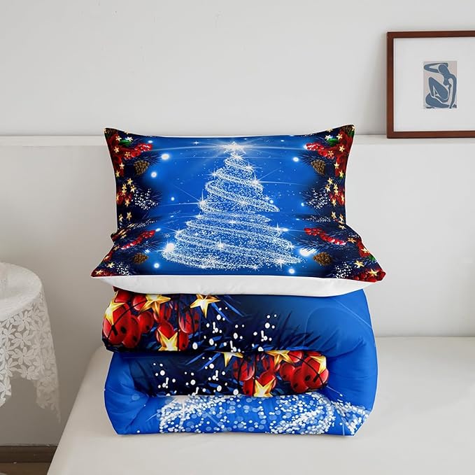 Feelyou Kids Merry Christmas Decorations Comforter Set, Kids Santa Tree Bedding Set Toddler Size for Boys Girls Teens Xmas Christmas Bell Decor Comforter Glitter Blue Quilt Set
