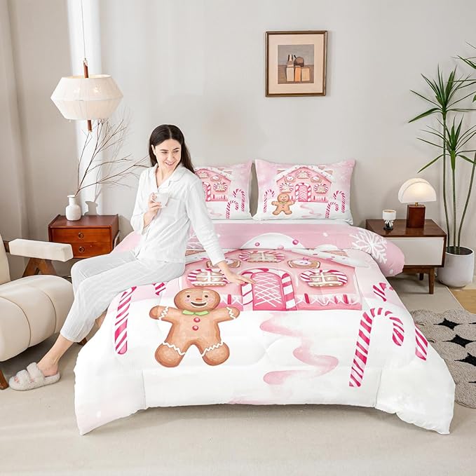 Feelyou Gingerbread Man Comforter Set King Size Gingerbread House Bedding Set for Kids Boys Girls Candy Canes Duvet Quilt Pink Christmas Scheme Bedroom Decor Snowflake 3 Pcs with 2 Pillow Cases