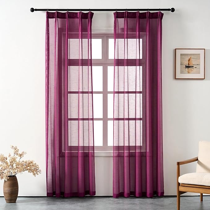 Plum Purple Curtains Sheer 102 Inch Long, Dark Linen Look Textured Light Filtering Drapes, Rustic Eggplant Transparent Window Decor, Floor to Ceiling Pinch Pleat Curtain with Hooks