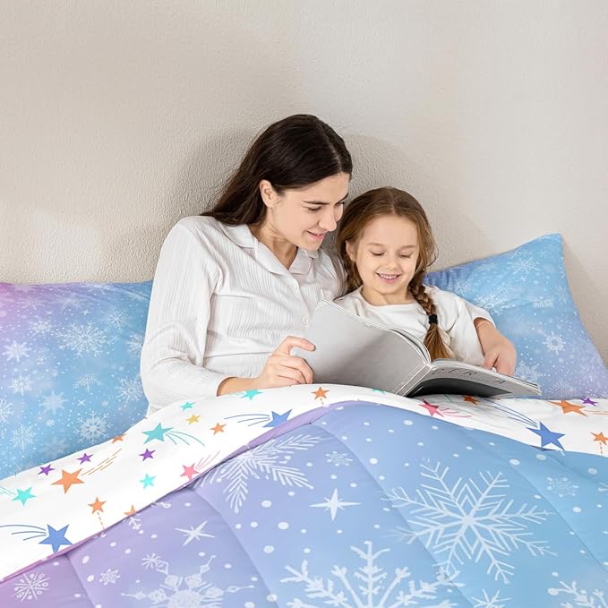 Feelyou Christmas Comforter Set All Season Winter Snowflake Bedding Set with 2 Pillow Cases Blue Purple Gradient Microfiber Kids Queen Bedclothes Bedroom Decor Duvet Quilt Breathable Soft Lightweight