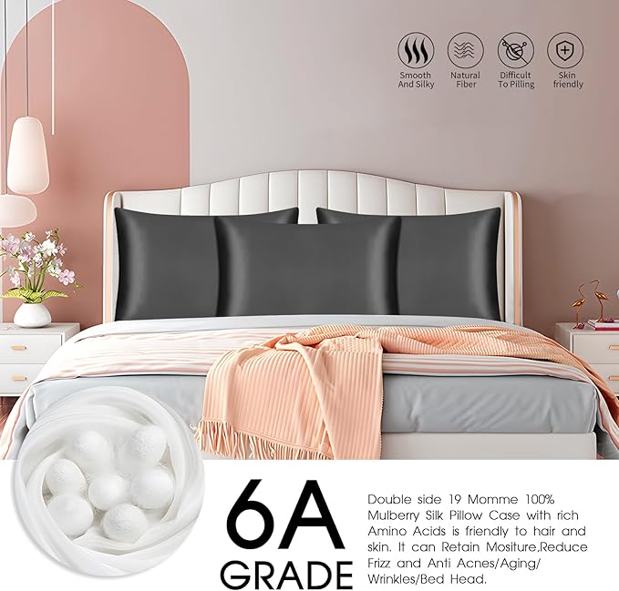 100% Mulberry Silk Pillowcase with Hidden Zipper,Both Sides Pure Silk Breathable Pillow Case for Hair and Skin,19 Momme Grade 6A,1pc,Charcoal,Queen Size 20x30 Inches