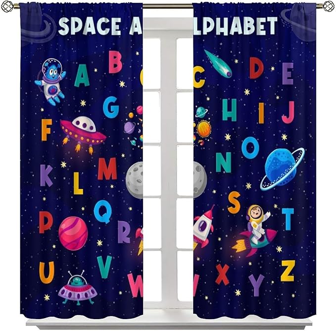 Alphabet Curtains Kids Outer Space Cartoon Universe Planet Educational Learning Curtain with Rod Pocket for Bedroom Nursery Decor Drapes Window Treatments 2 Panels Set 72" W X 63" L