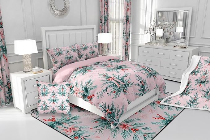 Feelyou Merry Christmas Kids Comforter Set King Size Green Xmas Tree Bedding Set Pink Bow Duvet Quilt for Kids Boys Girls Bedroom Decor Microfiber Ultra Soft Breathable