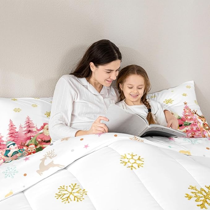 jejeloiu Merry Christmas Comforter Set Queen Size Santa Claus Bedding Set for Kids Boys Girls Cute Deer Duvet Quilt White Bedroom Decor