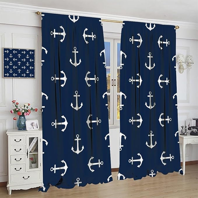 BAEKJIN Nautical Curtains,MarineThemed Oceanic Anchor Pattern Print Decor Home Bedroom Living Room Window Treatments 2 Panel Set 42x45 Inch