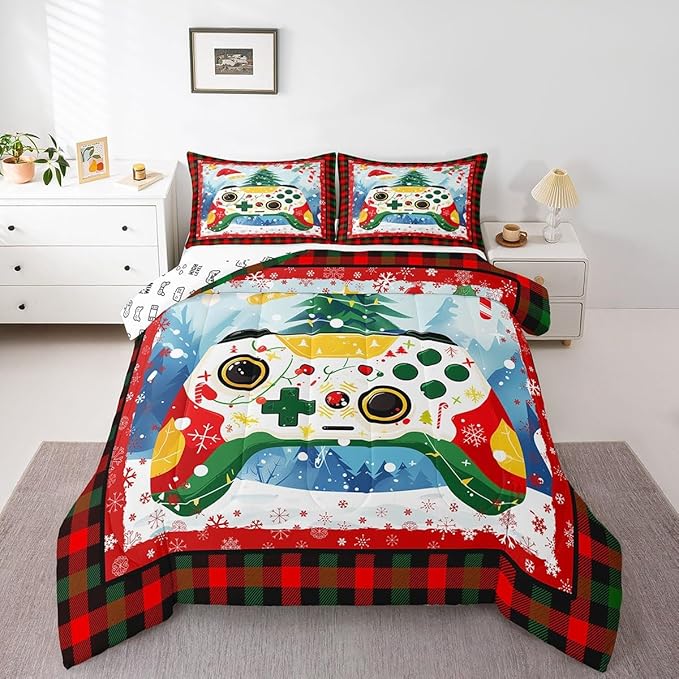 Gamer Gaming Bedding Set Full Size,Christmas Tree Snowflake Comforter Set for Kids Boys Girls Room Decor,Video Games Christmas Theme Duvet Insert 3Pcs,Red Green Plaid Xmas Quilt Set,2 Pillowcases