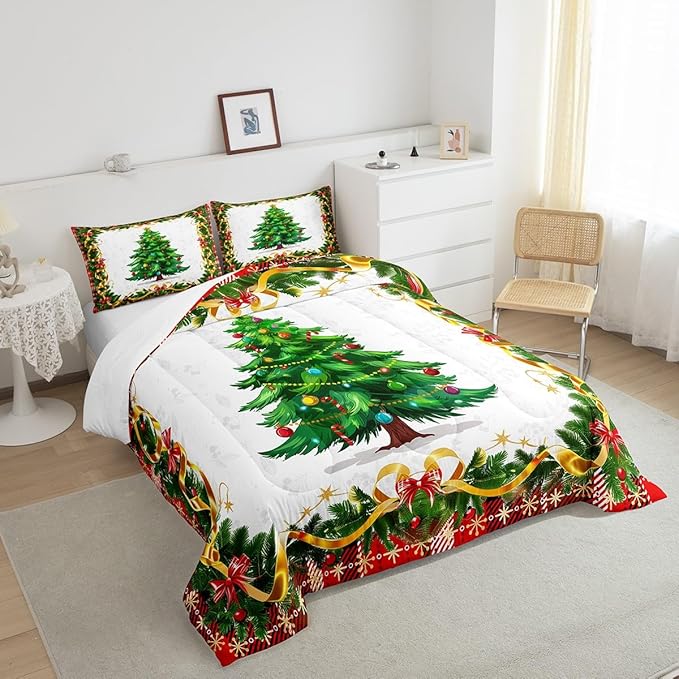 Christmas Tree Comforter Set Twin Size,Merry Christmas Bedding Set for Kids Boys Girls Room Decor,Snowflake Bowknot Green Pine Leaves Quilt Set 2Pcs,Xmas Plaid Patchwork Duvet Insert,1 Pillowcase
