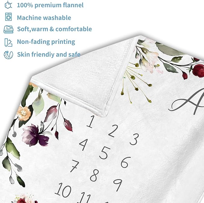OLIVE OLIVIA Personalized Monthly Baby Milestone Blanket, Baby Months Blanket, Perfect Custom Newborn Gifts,50"x60"