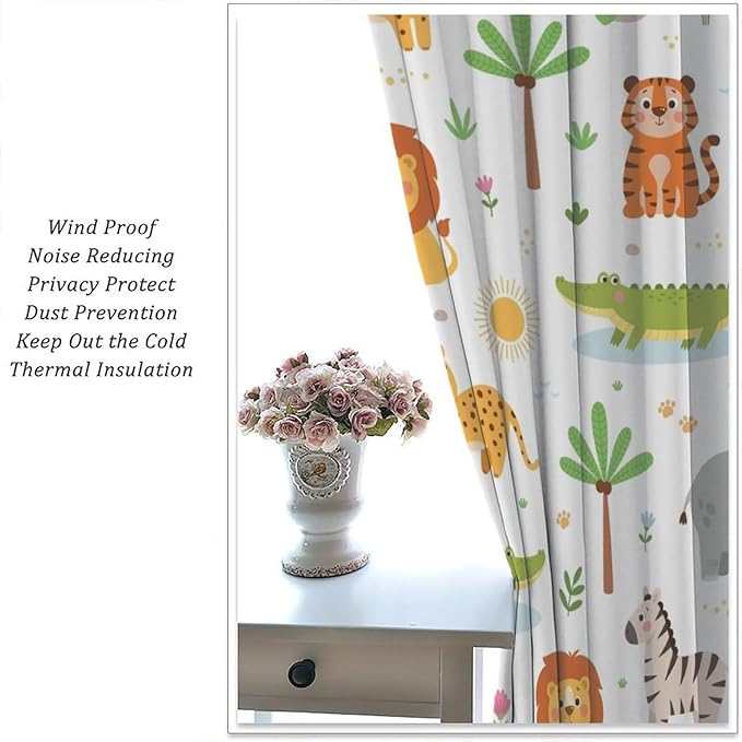 Cartoon Animal Curtains, Safari Woodland Jungle Forest Wildlife Blackout Window Treatments, Rod Pocket Thermal Insulated Drapes 2 Panel Sets for Kids Bedroom Nursery Classroom, 52" W X 84" L