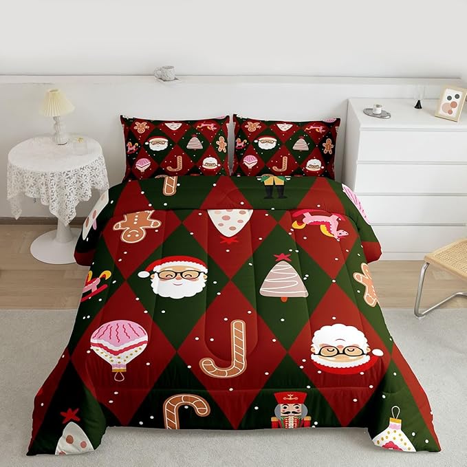 Feelyou Merry Christmas Bedding Set Soft for Boys Girls, Santa Claus Comforter Set Twin Size Xmas Tree Nutcracker soldier Duvet Quilt Microfiber Gingerbread Man Bedroom Decor 2 Pcs with 1 Pillow Cases