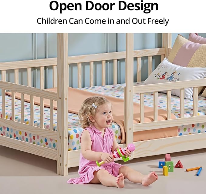 LLS Full Size Montessori Floor Bed Frame with Slats and Fence, Wooden House Bed for Boys Girls Bedroom, Natural