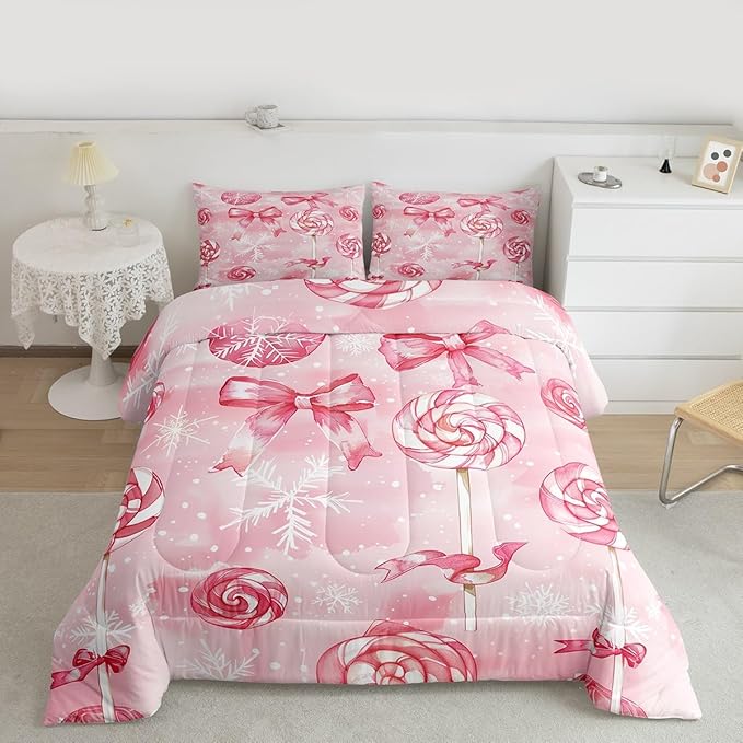 Feelyou Pink Bow Comforter Set King Size Pink Lollipops Bedding Set for Kids Boys Girls Watercolor-Style Duvet Quilt Xmas Snowflake Bedroom Decor Christmas Microfiber 3 Pcs with 2 Pillow Cases