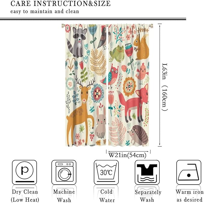 Kids Baby Woodland Blackout Curtains,Forest Animals Plants Cartoon Funny Colorful Deer Fox Owl Pattern Thermal Insulation Window Drapes for Boys Girls Children's Bedroom 42x63in