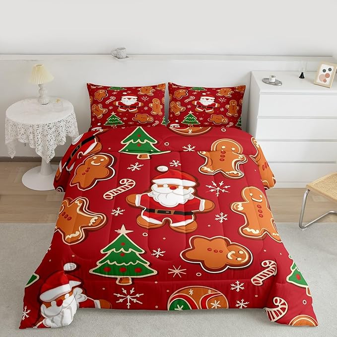 Feelyou Christmas Kids Comforter Set Full Size Santa Bedding Set Gingerbread Man Duvet Quilt for Kids Boys Girls Bedroom Xmas Tree Snowflake Decor Microfiber Ultra Soft Breathable