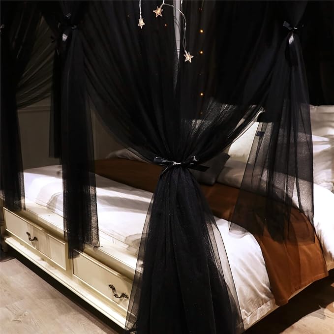 VETHIN 4 Corners Post Princess Bed Canopy Curtain Double Layer Cozy Drape Netting 4 Opening Mosquito Net for Girls & Adults Bedroom Decoration Accessories (Double Black, 47" W*78" L*82"*H/Twin)