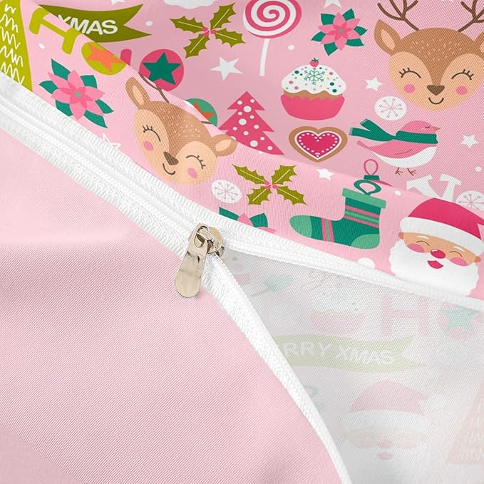 Feelyou Kids Pink Merry Christmas Bedding Set Toddler Merry Christmas Tree and Snowman Duvet Cover for Bedroom Decor Xmas Comforter Cover Set Snowflake Holiday Bedspread Cover with 1 Pillow Case