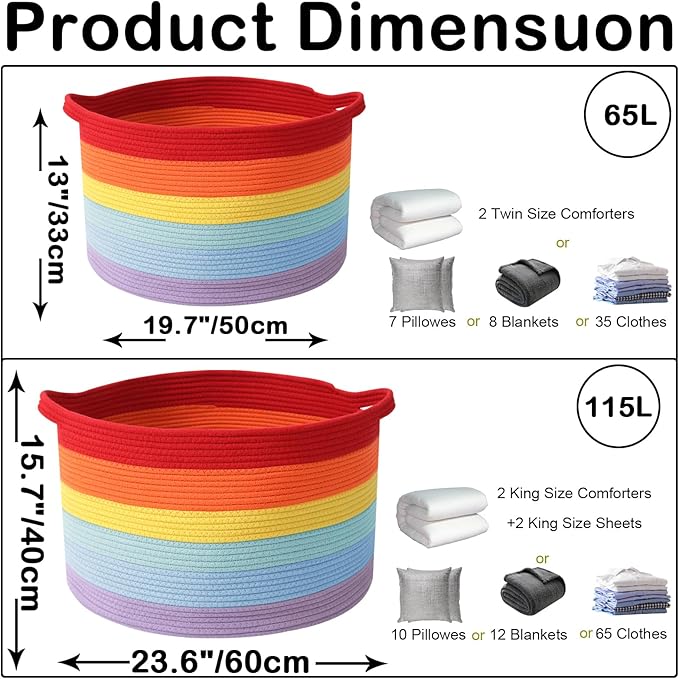 Large Blanket Basket for Organizing,65L Closet Organizers and Storage Bins Box for Shelves Woven Rope Storage Baskets,Living Room,Bedroom,Dorm,Laundry room (Rainbow)