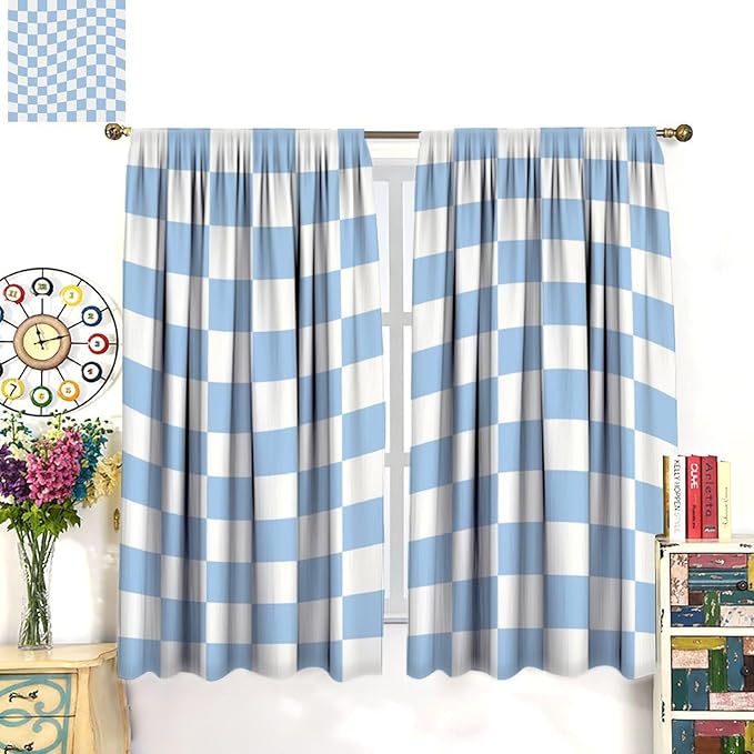Blue Checkered Curtains,70s Vintage Twisted Checkered Window Drapes Colorful Groovy Trendy Wavy Hippie Grid Print Window Treatments for Kids Girls Bedroom Living Room 42" W X 63" L