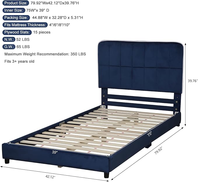 Toddler Beds,Upholstered Twin Bed Frames for Kids,Kids Bed with Adjustable Height Headboard,Girl Twin Bed Frame for Fits Standard Mattress(75" Wx39 D)(Blue)