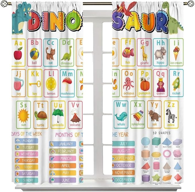 Funny Kids Alphabet Curtain, Cartoon Animal Alphabet Learning Dinosaur Boys Kids Students Baby Educational Colorful Blackout Window Treatments for Bedroom Living Room School 42" W X 63" L