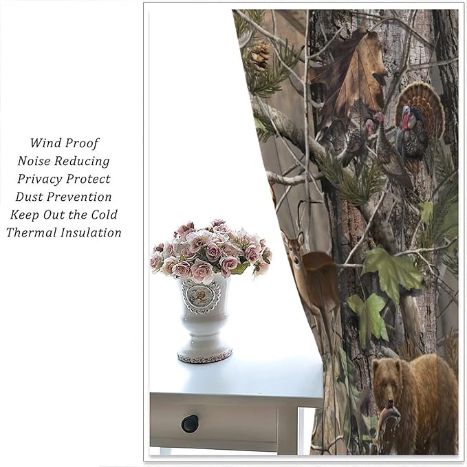 Retro Forest Window Curtains, Camouflage Hunting Tree Camo Rustic Deer Elk Bird Bear Blackout Rod Pocket Windows Door Curtain for Bedroom Living Room Home Decor 42x45in