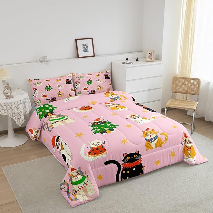 Erosebridal Christmas Decor Quilts Cute Cats Comforter Set King Size for Kids Boys Girls Bedroom Xmas Tree Bedding Set Cartoon Animal Down Comforter with 2 Pillow Cases